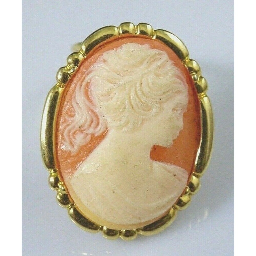 Cameo Lady Dress Scarf Clip Lucite Gold Tone Oval Ornate Victorian Shiny Vintage